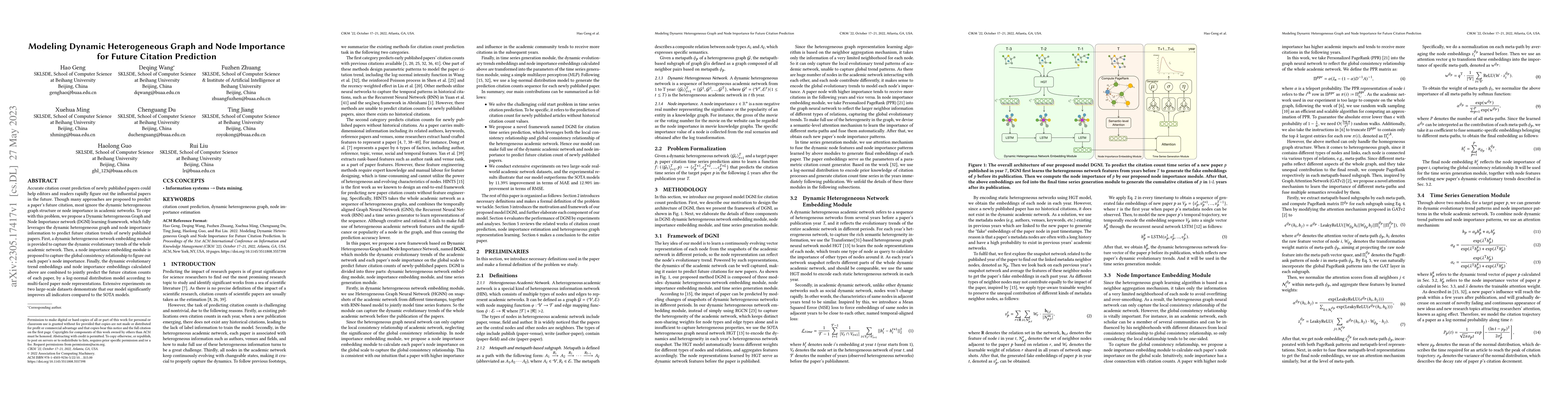 Thumbnail for Modeling Dynamic Heterogeneous Graph and Node Importance for Future
  Citation Prediction