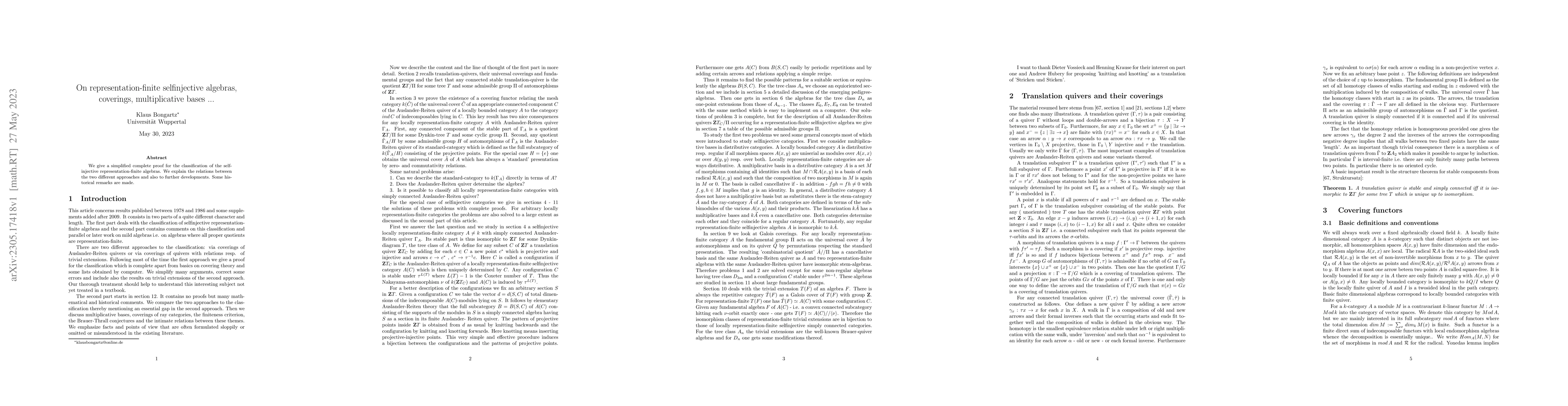 Thumbnail for On representation-finite selfinjective algebras, coverings,
  multiplicative bases ...