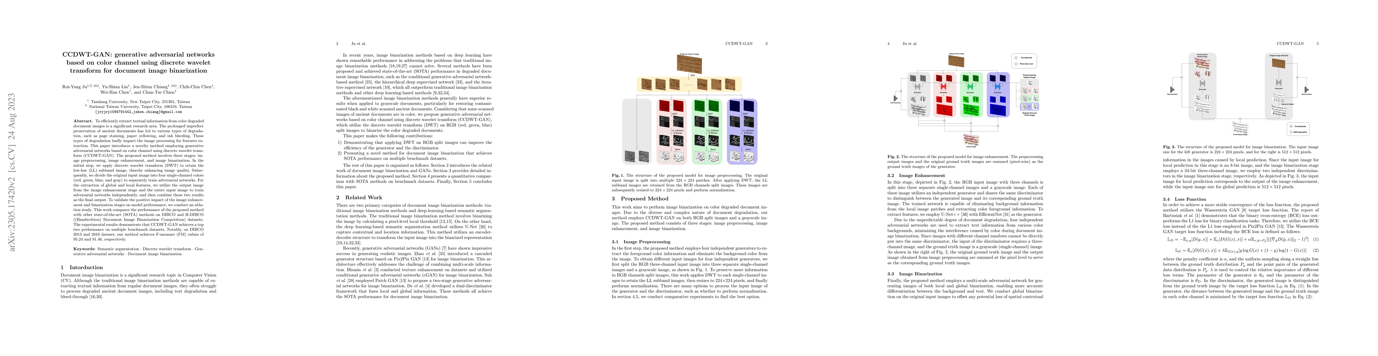 Thumbnail for CCDWT-GAN: Generative Adversarial Networks Based on Color Channel Using
  Discrete Wavelet Transform for Document Image Binarization