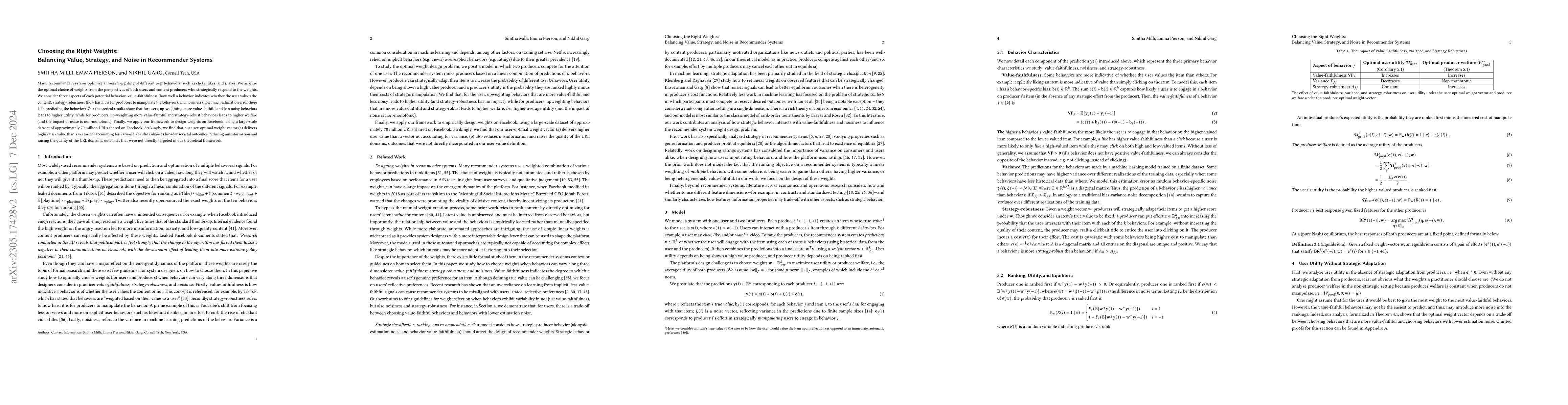 Thumbnail for Choosing the Right Weights: Balancing Value, Strategy, and Noise in
  Recommender Systems