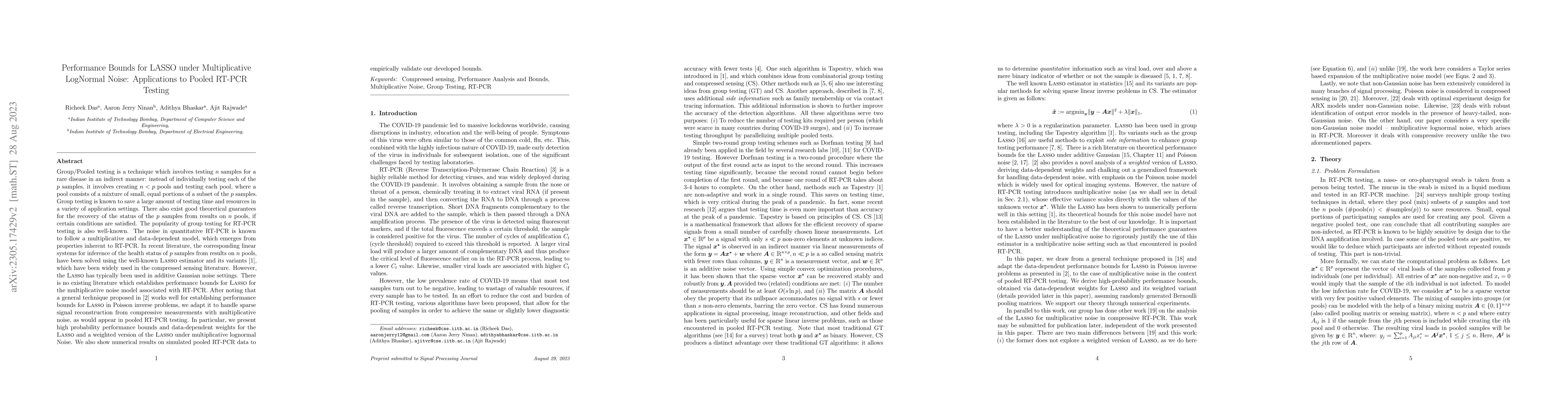 Thumbnail for Performance Bounds for LASSO under Multiplicative Noise: Applications to
  Pooled RT-PCR Testing