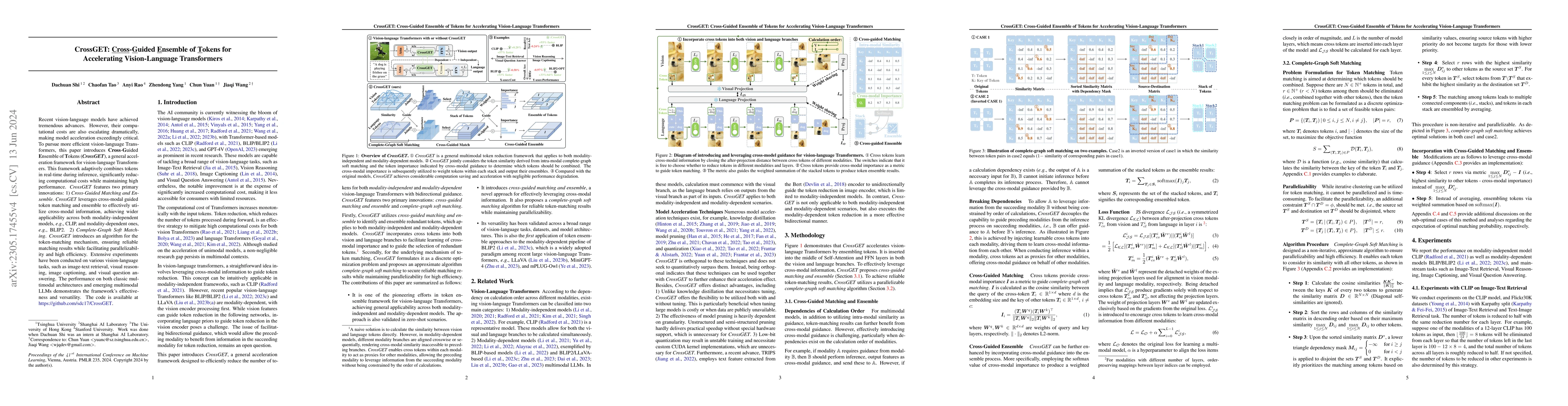 Thumbnail for CrossGET: Cross-Guided Ensemble of Tokens for Accelerating
  Vision-Language Transformers