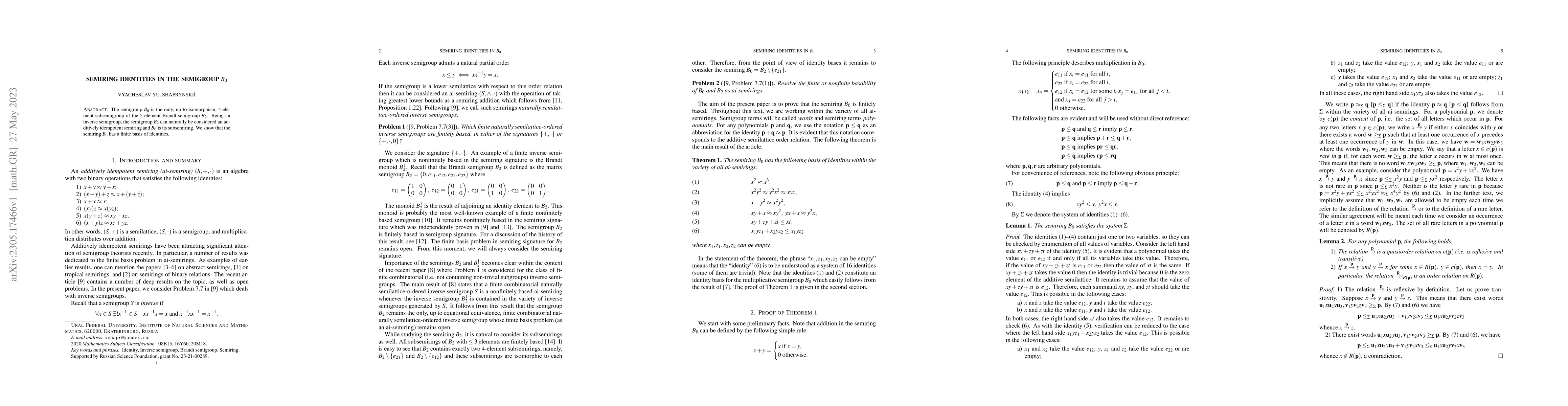Thumbnail for Semiring identities in the semigroup $B_0$
