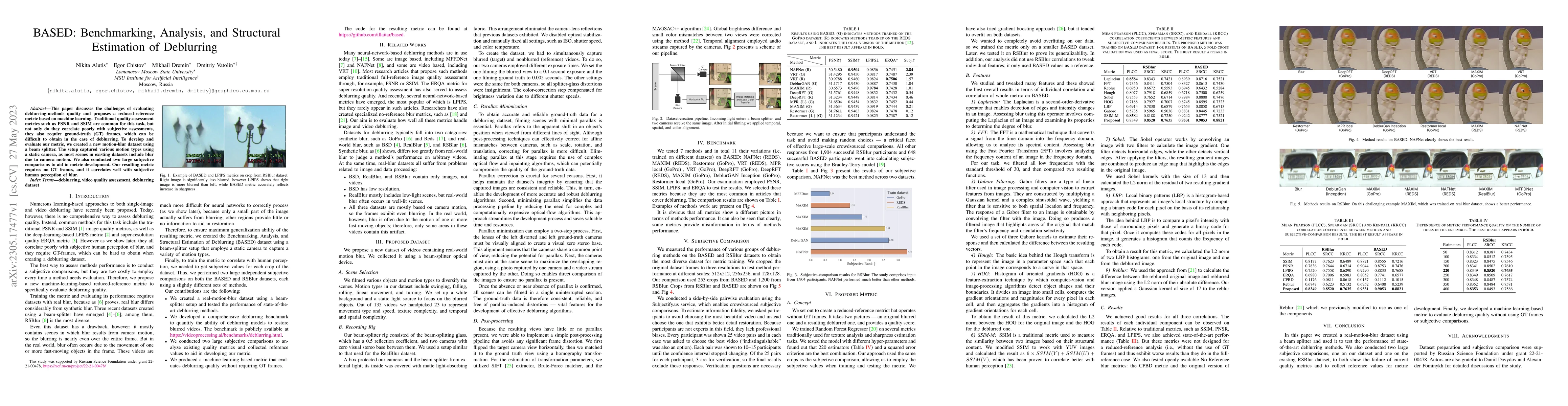 Thumbnail for BASED: Benchmarking, Analysis, and Structural Estimation of Deblurring
