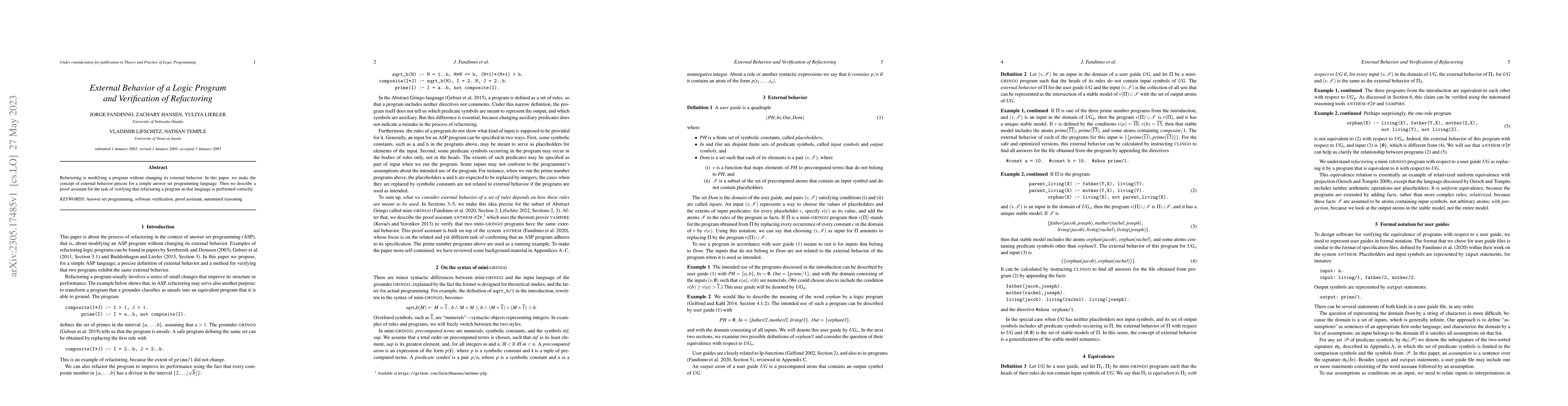 Thumbnail for External Behavior of a Logic Program and Verification of Refactoring