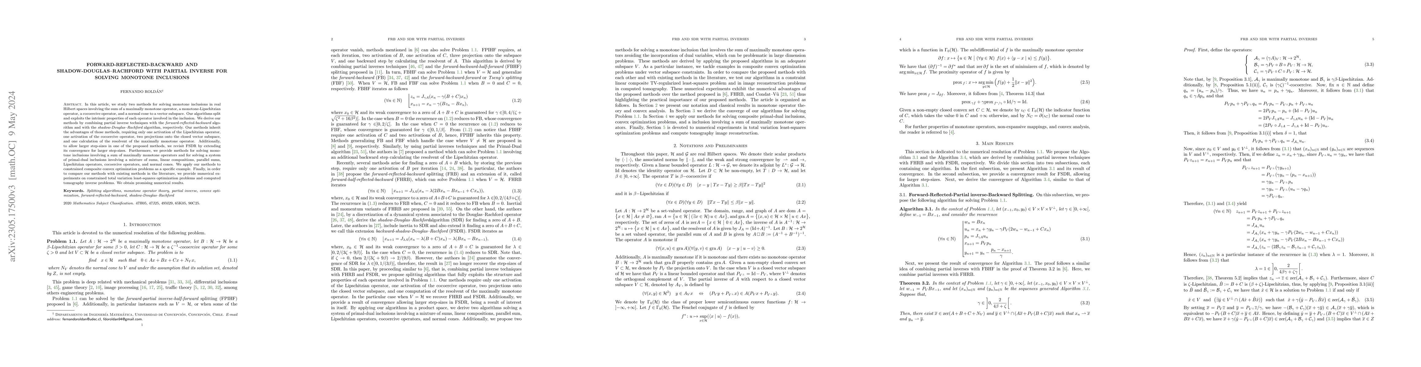 Thumbnail for Forward-Reflected-Backward and Shadow-Douglas--Rachford with partial
  inverse for Solving Monotone Inclusions