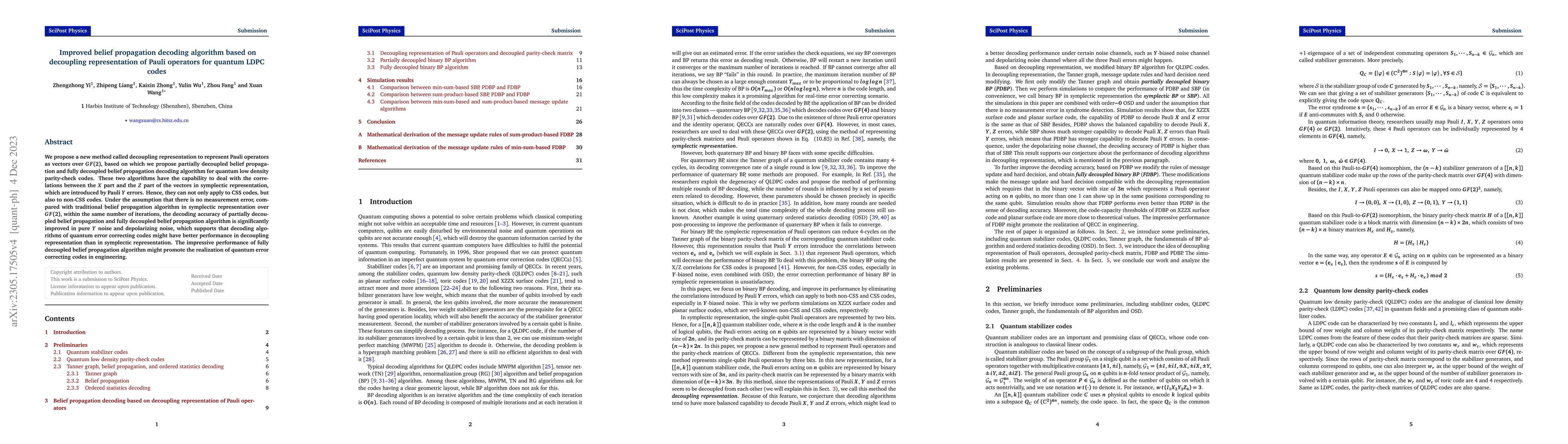 Thumbnail for Improved belief propagation decoding algorithm based on decoupling
  representation of Pauli operators for quantum LDPC codes