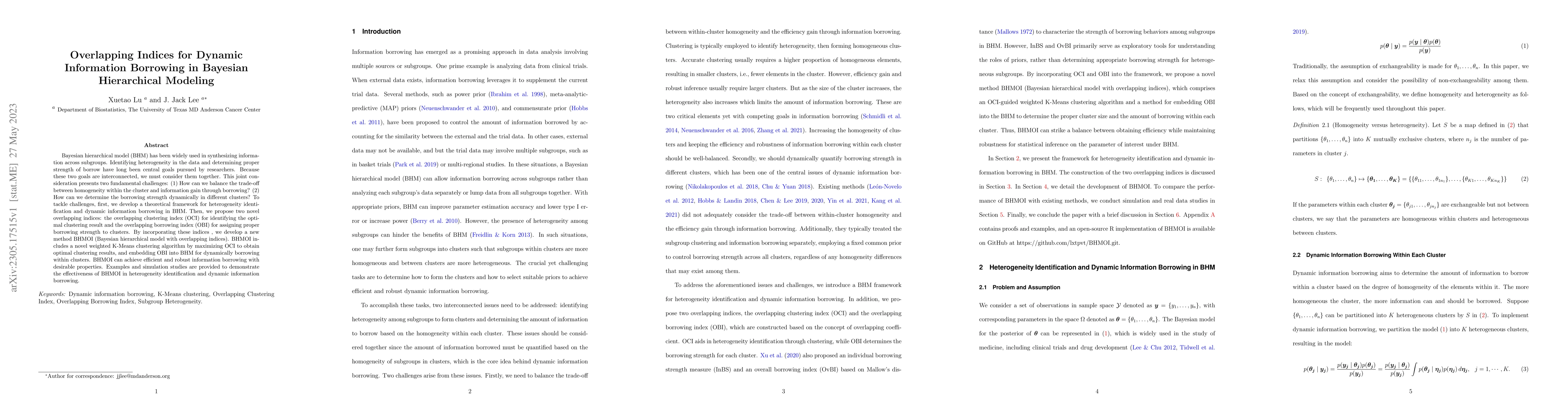 Thumbnail for Overlapping Indices for Dynamic Information Borrowing in Bayesian
  Hierarchical Modeling