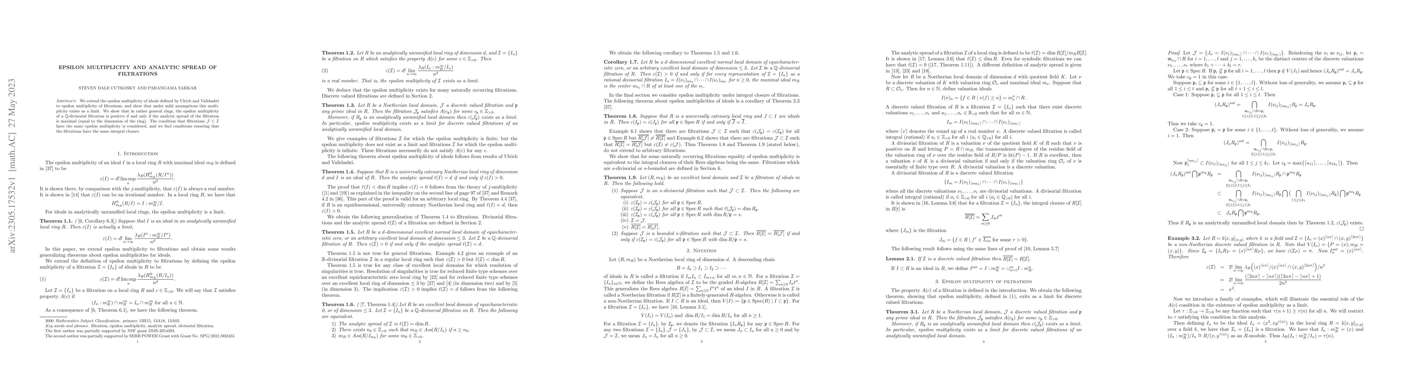 Thumbnail for Epsilon multiplicity and analytic spread of filtrations