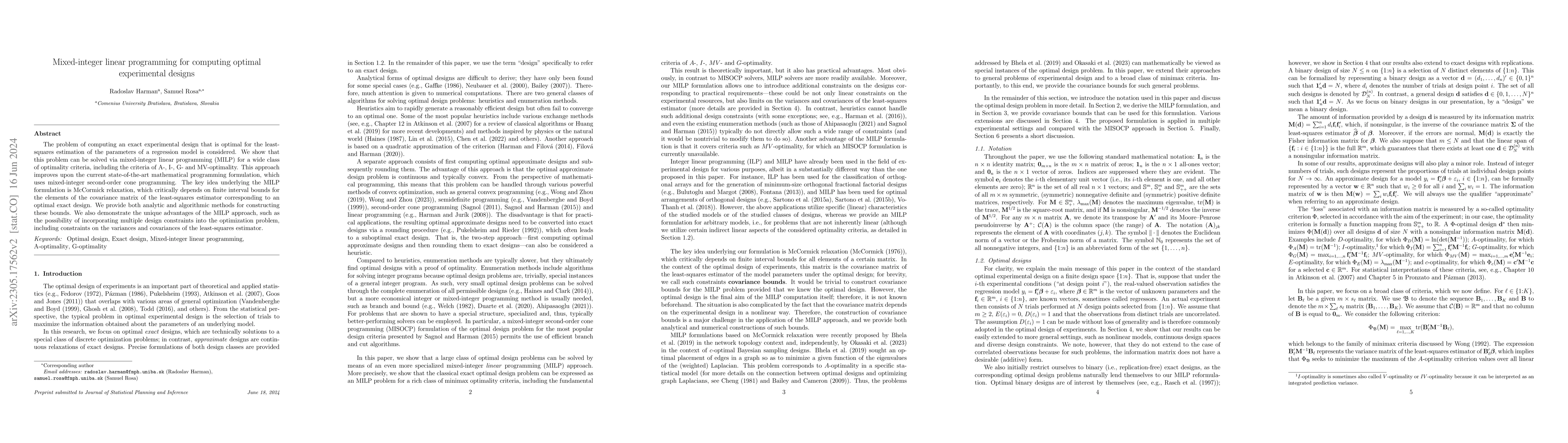 Thumbnail for Mixed-integer linear programming for computing optimal experimental
  designs