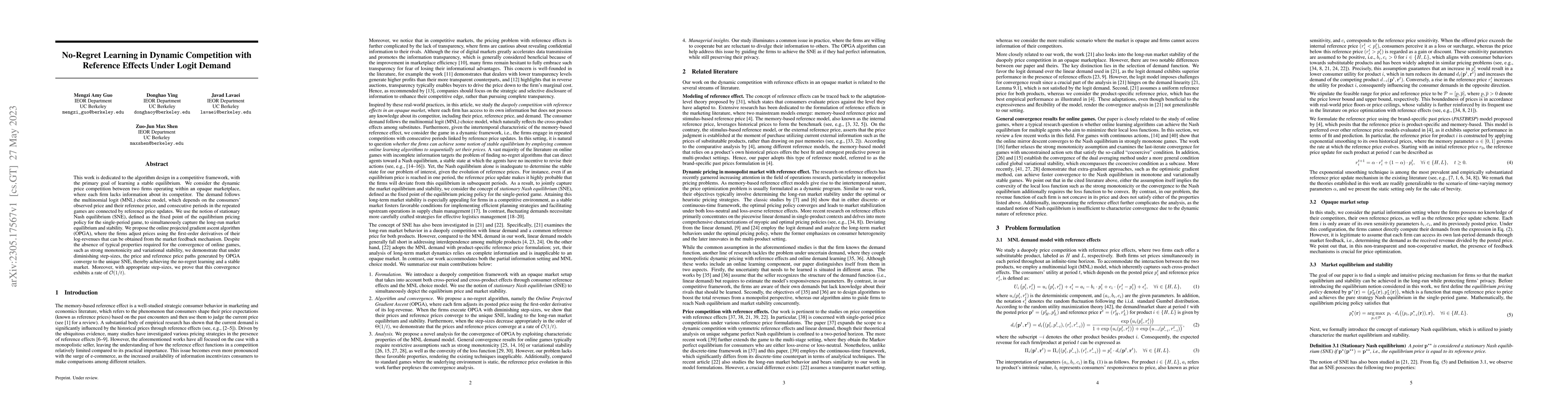 Thumbnail for No-Regret Learning in Dynamic Competition with Reference Effects Under
  Logit Demand