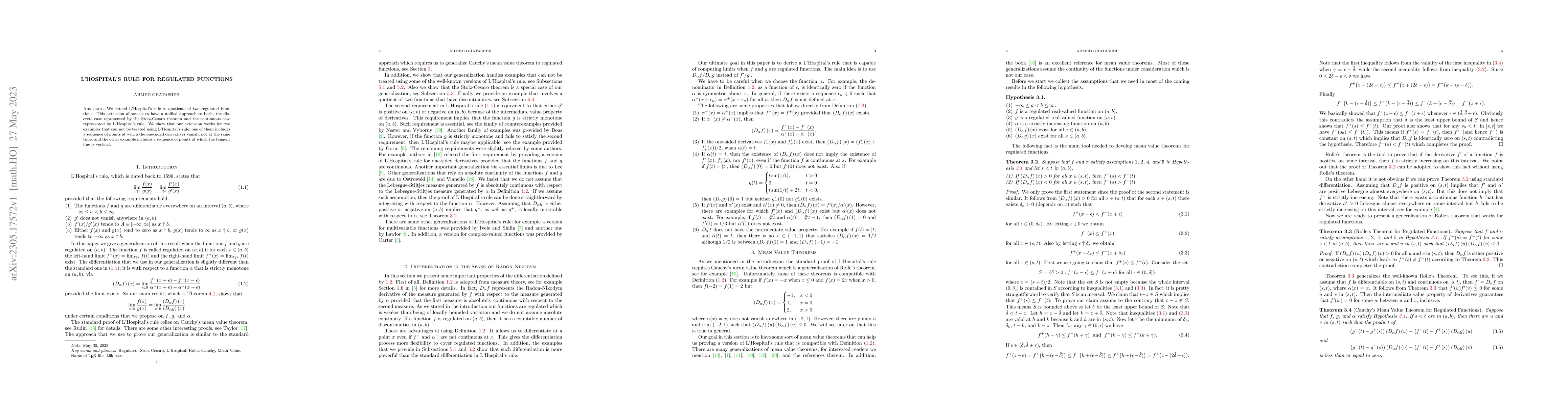 Thumbnail for L'Hospital's Rule for Regulated Functions
