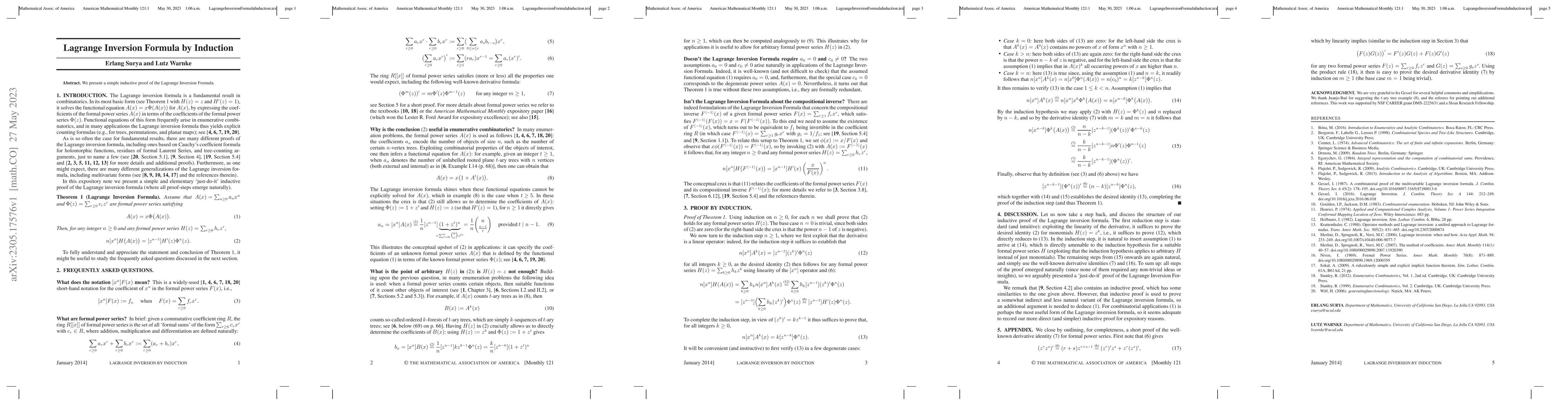 Thumbnail for Lagrange Inversion Formula by Induction
