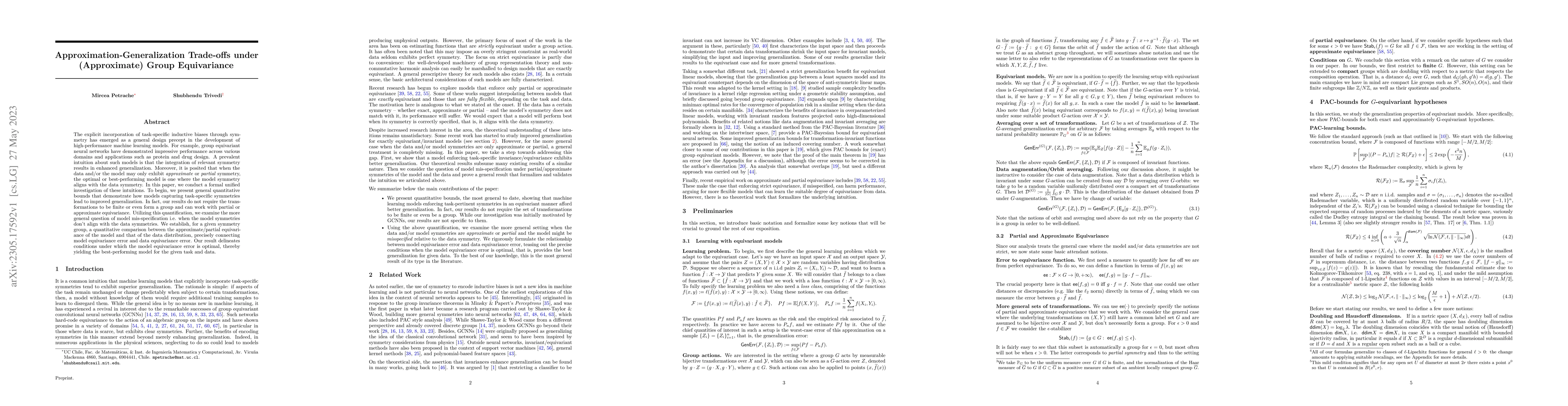 Thumbnail for Approximation-Generalization Trade-offs under (Approximate) Group
  Equivariance