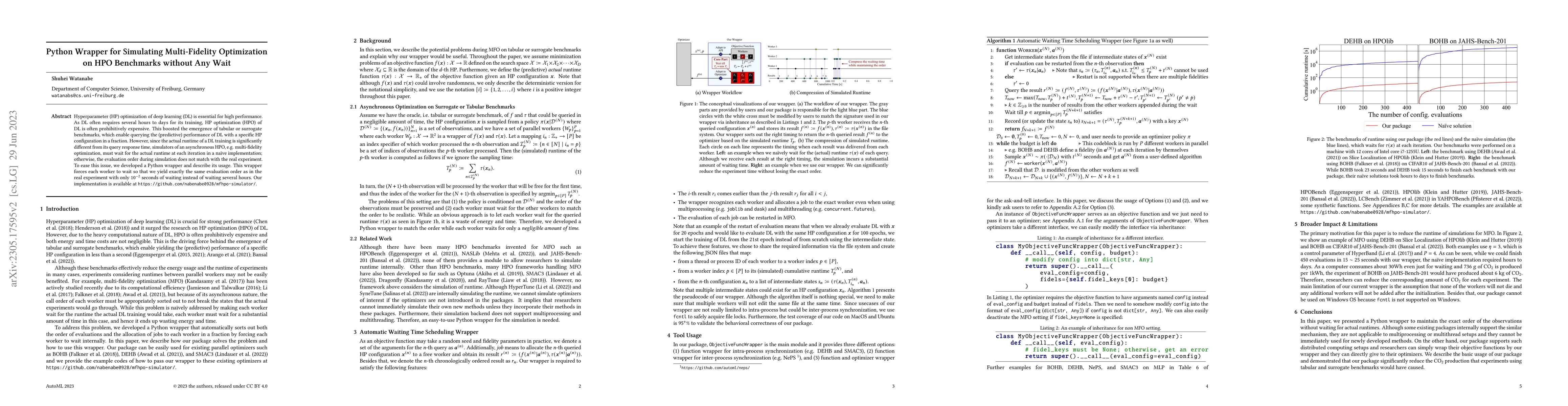 Thumbnail for Python Wrapper for Simulating Multi-Fidelity Optimization on HPO
  Benchmarks without Any Wait