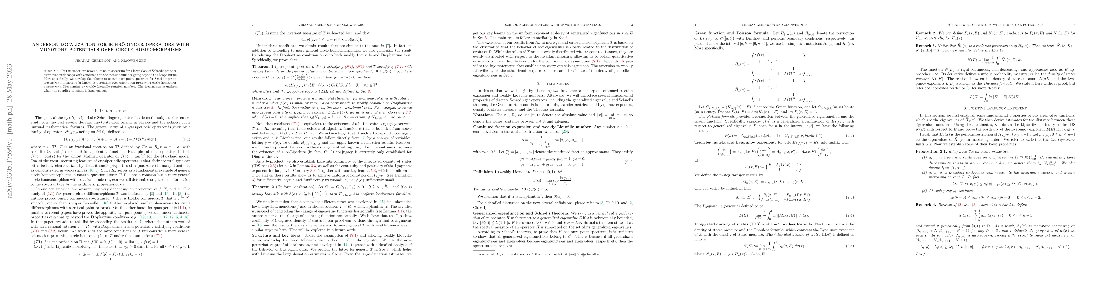 Thumbnail for Anderson Localization for Schr\"odinger Operators with Monotone
  Potentials over Circle Homeomorphisms