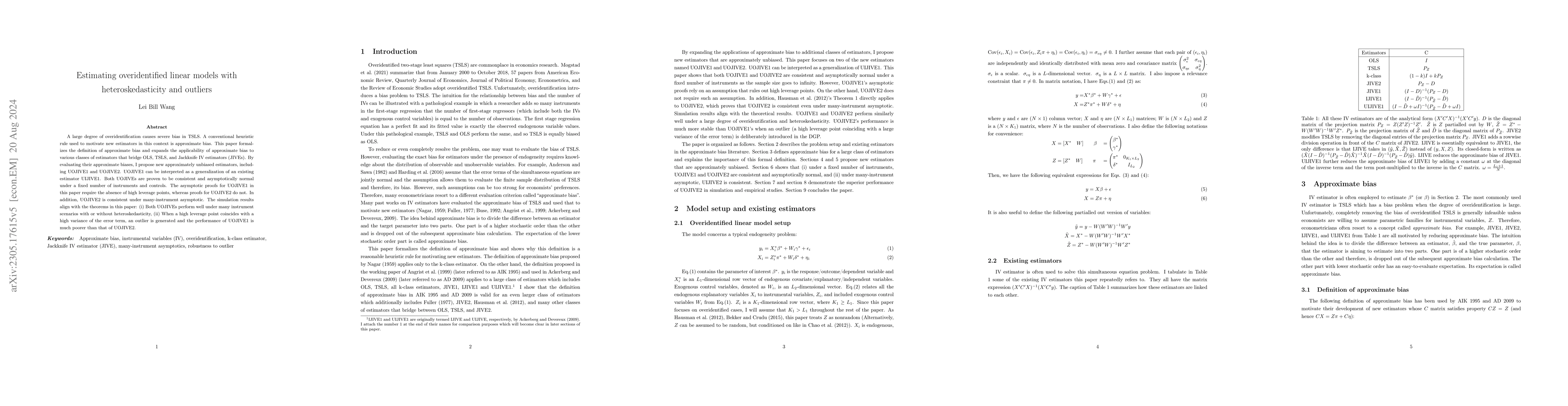 Thumbnail for Estimating overidentified linear models with heteroskedasticity and
  outliers