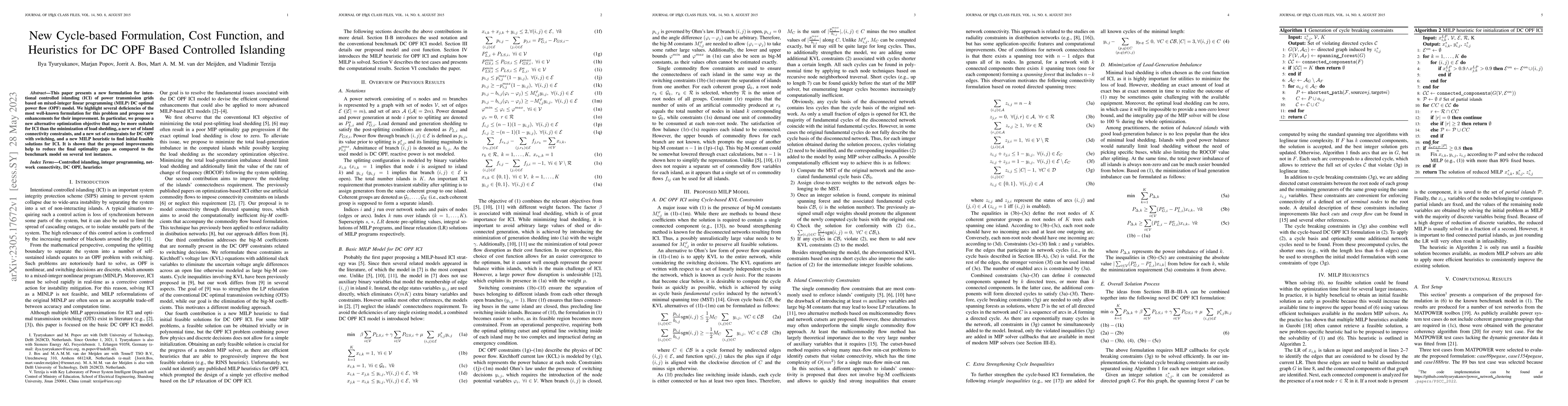 Thumbnail for New Cycle-based Formulation, Cost Function, and Heuristics for DC OPF
  Based Controlled Islanding
