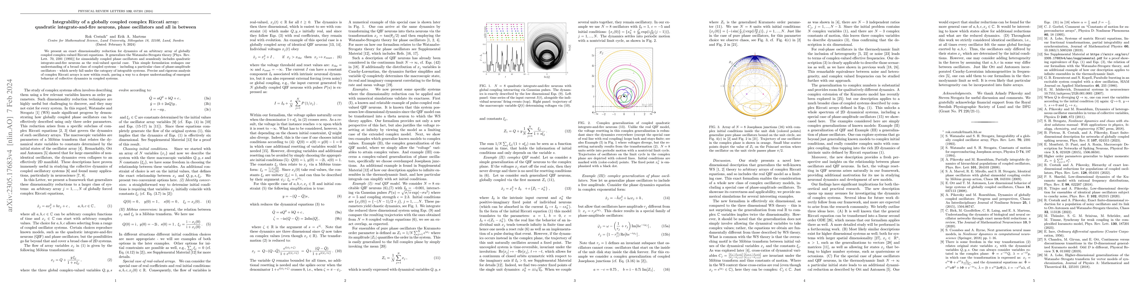 Thumbnail for Integrability of a globally coupled complex Riccati array: quadratic
  integrate-and-fire neurons, phase oscillators and all in between