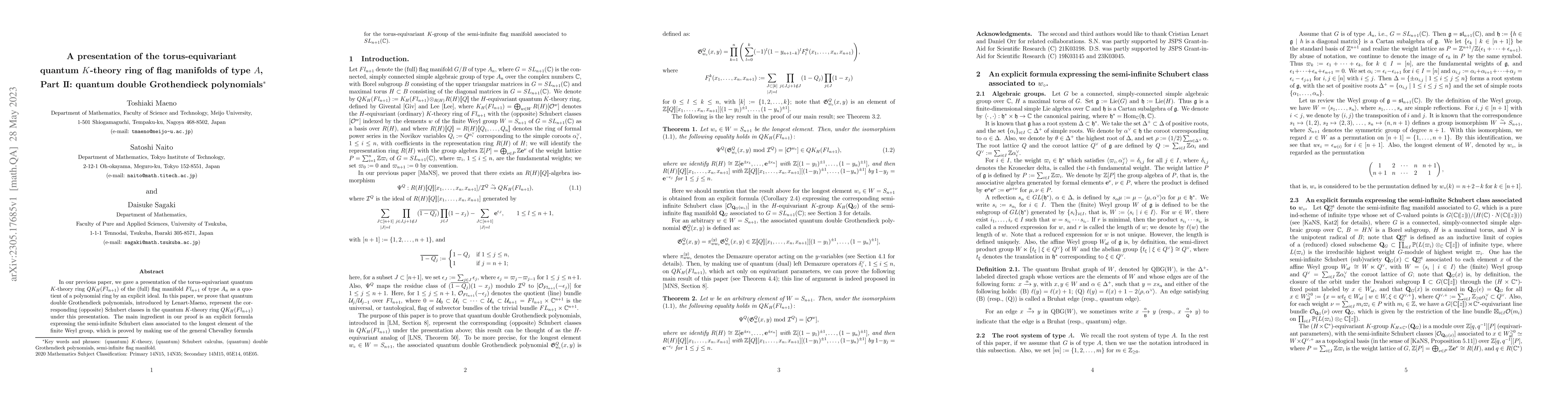 Thumbnail for A presentation of the torus-equivariant quantum $K$-theory ring of flag
  manifolds of type $A$, Part II: quantum double Grothendieck polynomials