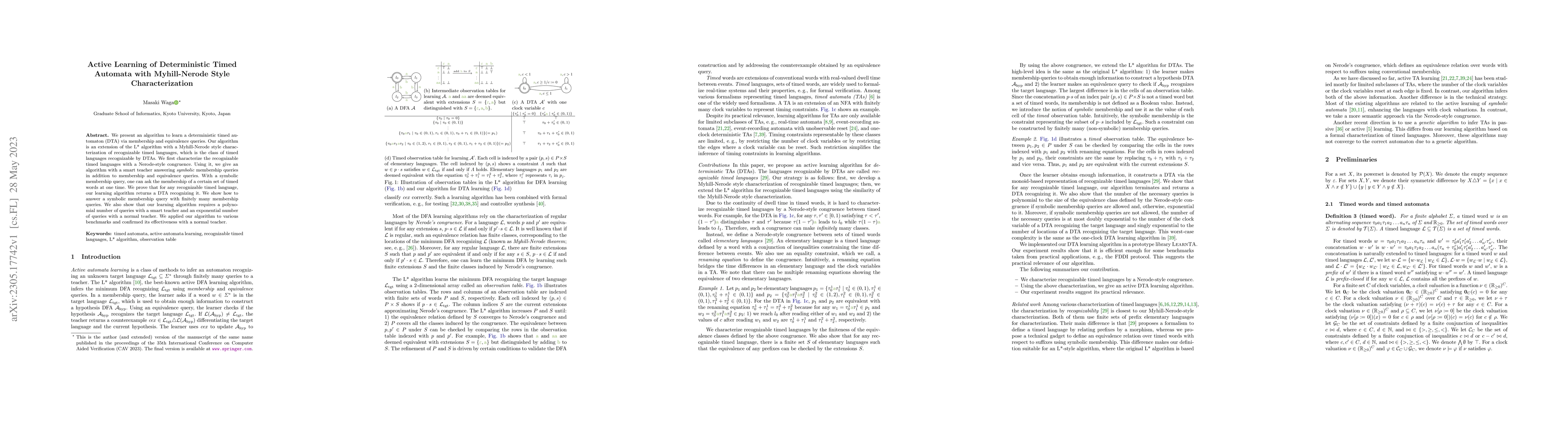 Thumbnail for Active Learning of Deterministic Timed Automata with Myhill-Nerode Style
  Characterization