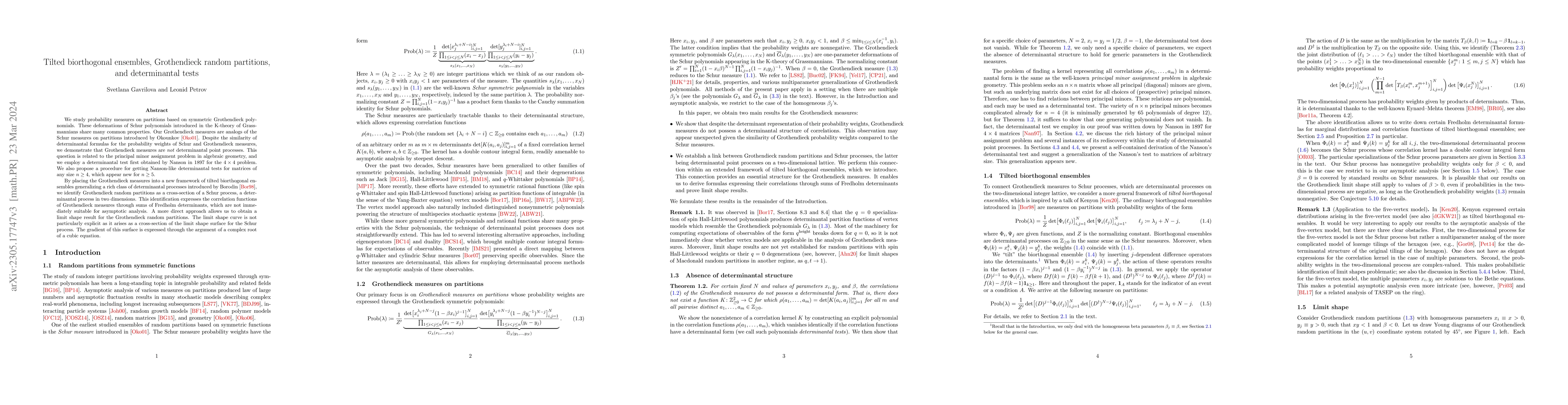 Thumbnail for Tilted biorthogonal ensembles, Grothendieck random partitions, and
  determinantal tests