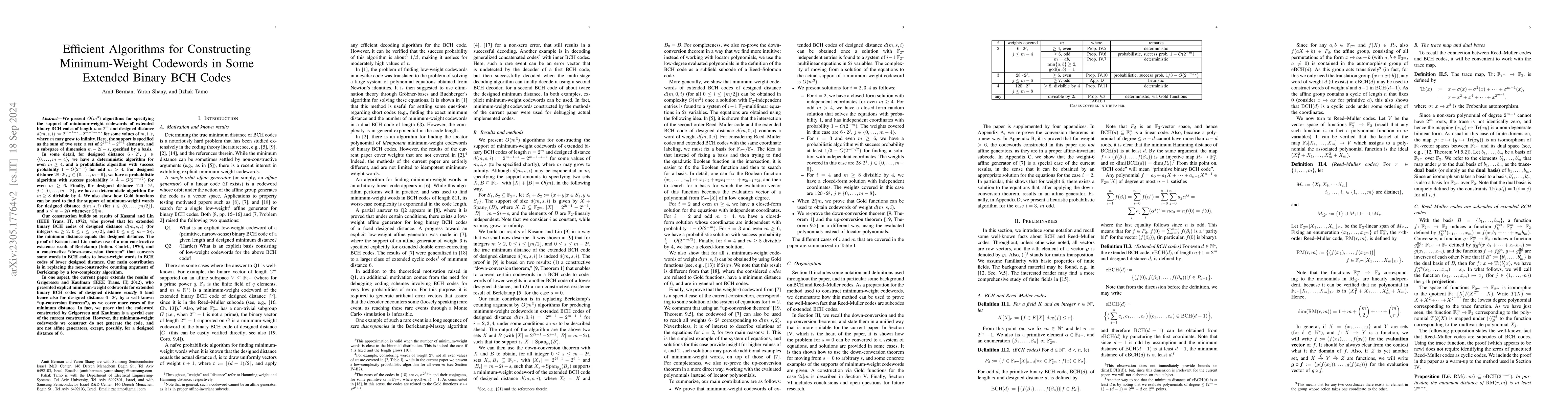 Thumbnail for Efficient Algorithms for Constructing Minimum-Weight Codewords in Some
  Extended Binary BCH Codes