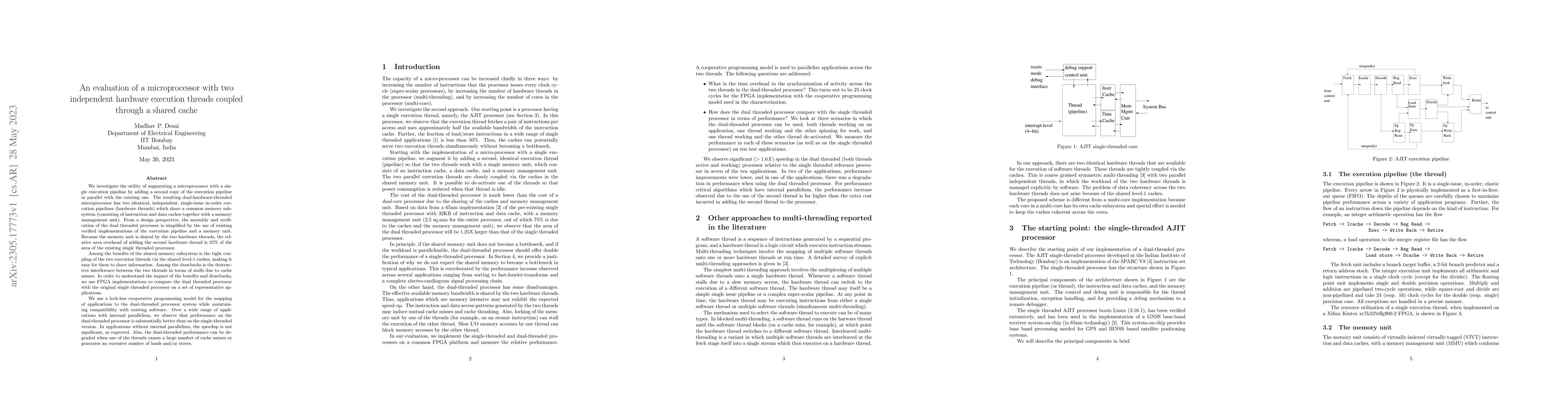 Thumbnail for An evaluation of a microprocessor with two independent hardware
  execution threads coupled through a shared cache