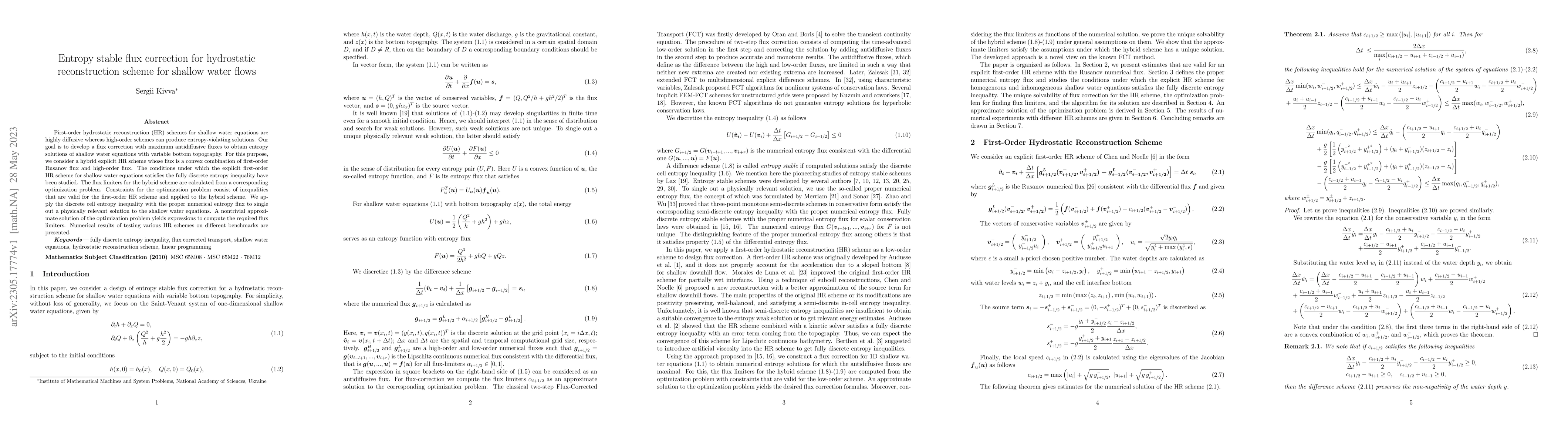 Thumbnail for Entropy stable flux correction for hydrostatic reconstruction scheme for
  shallow water flows