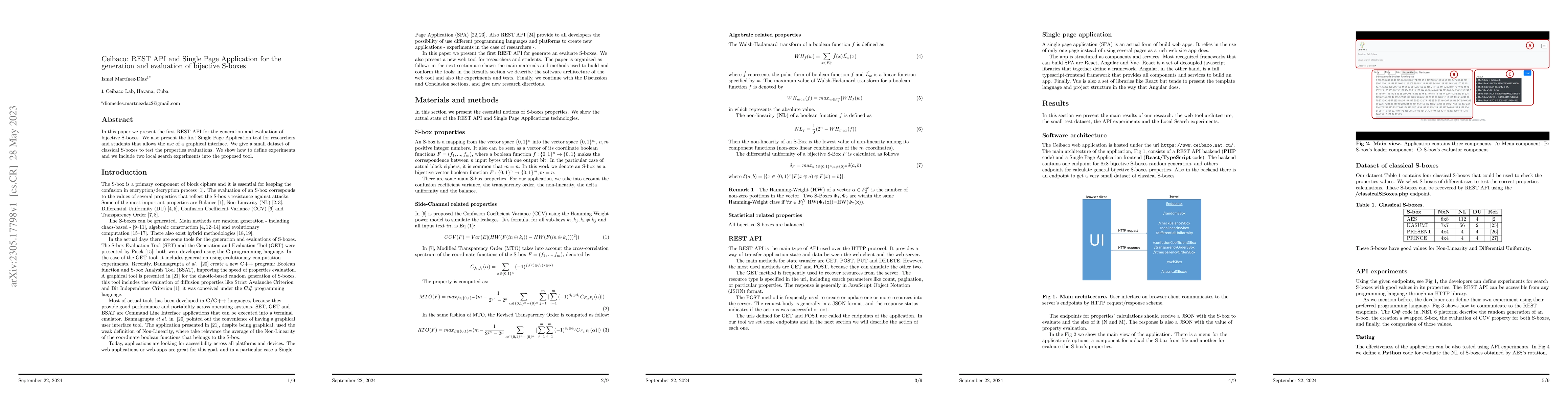 Thumbnail for Ceibaco: REST API and Single Page Application for the generation and
  evaluation of bijective S-boxes
