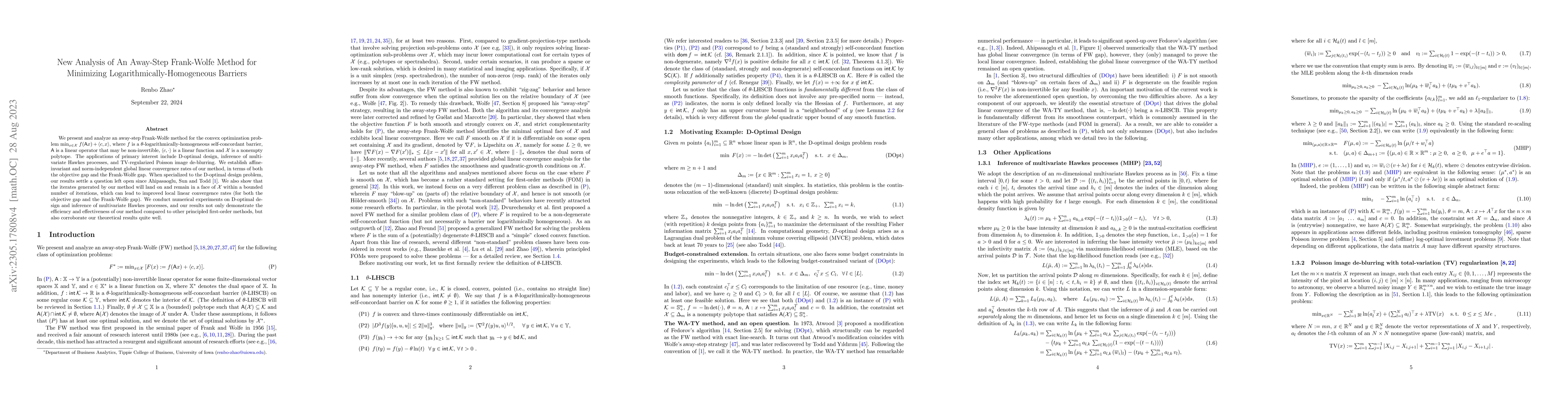 Thumbnail for An Away-Step Frank-Wolfe Method for Minimizing
  Logarithmically-Homogeneous Barriers