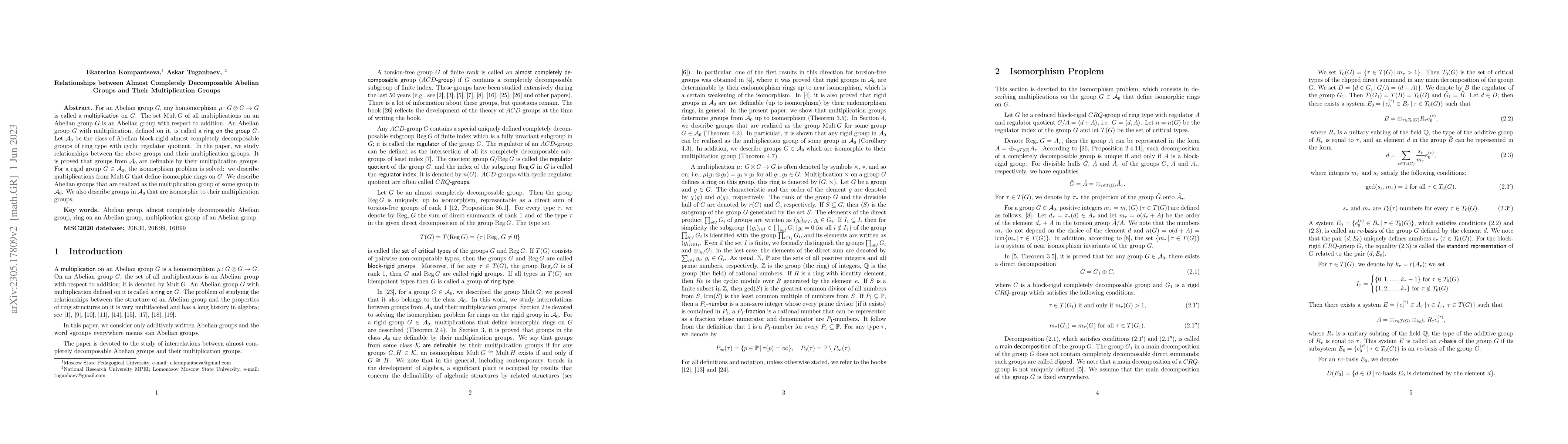 Thumbnail for Relationships between Almost Completely Decomposable Abelian Groups with
  Their Multiplication Groups