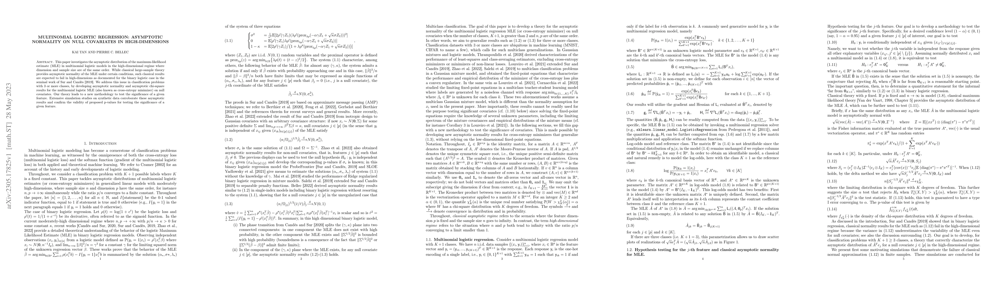 Thumbnail for Multinomial Logistic Regression: Asymptotic Normality on Null Covariates
  in High-Dimensions