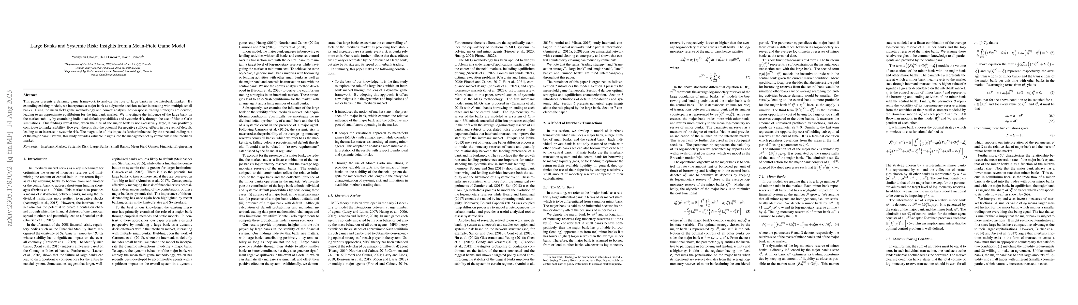 Thumbnail for Large Banks and Systemic Risk: Insights from a Mean-Field Game Model