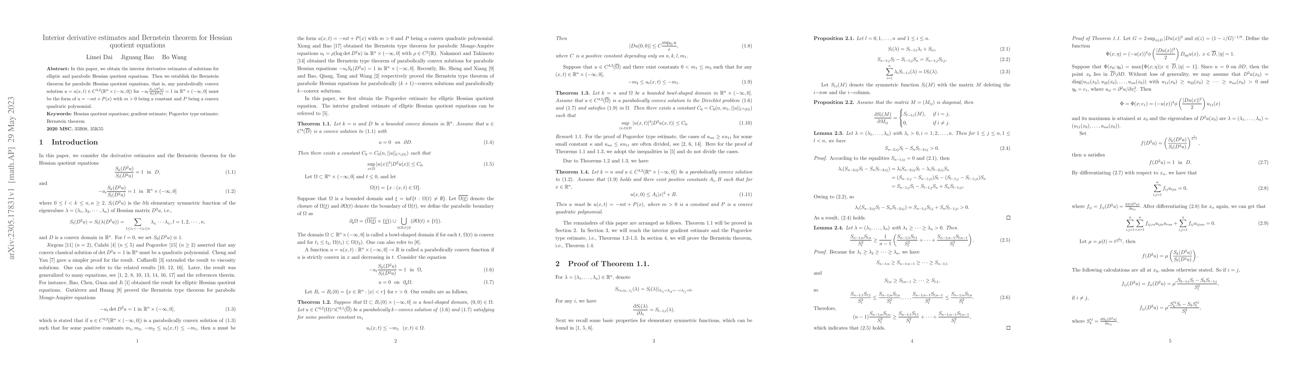 Thumbnail for Interior derivative estimates and Bernstein theorem for Hessian quotient
  equations