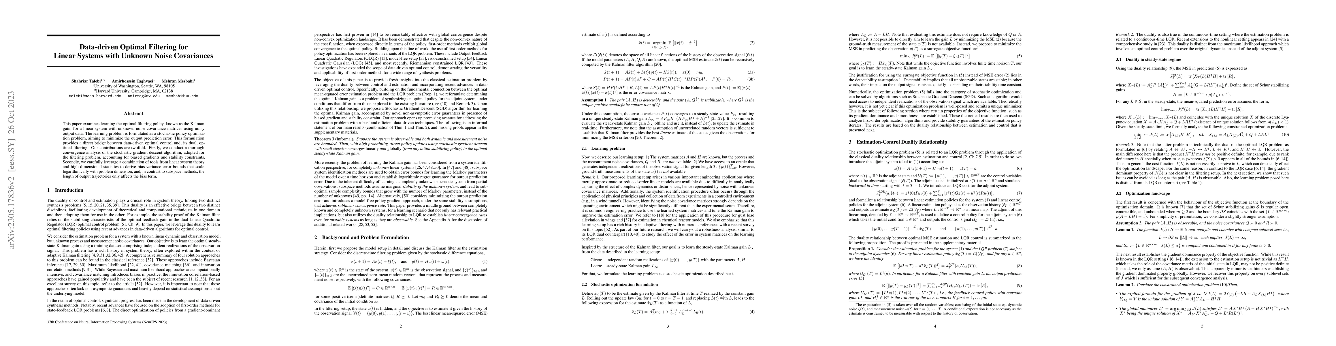 Thumbnail for Data-driven Optimal Filtering for Linear Systems with Unknown Noise
  Covariances