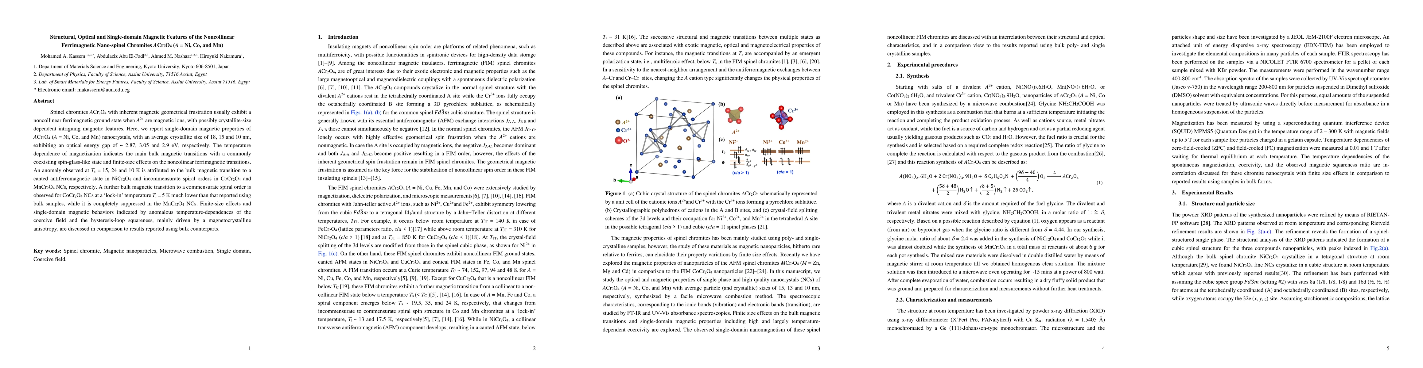 Thumbnail for Structural, Optical and Single-domain Magnetic Features of the
  Noncollinear Ferrimagnetic Nano-spinel Chromites ACr$_2$O$_4$ (A = Ni, Co,
  and Mn)
