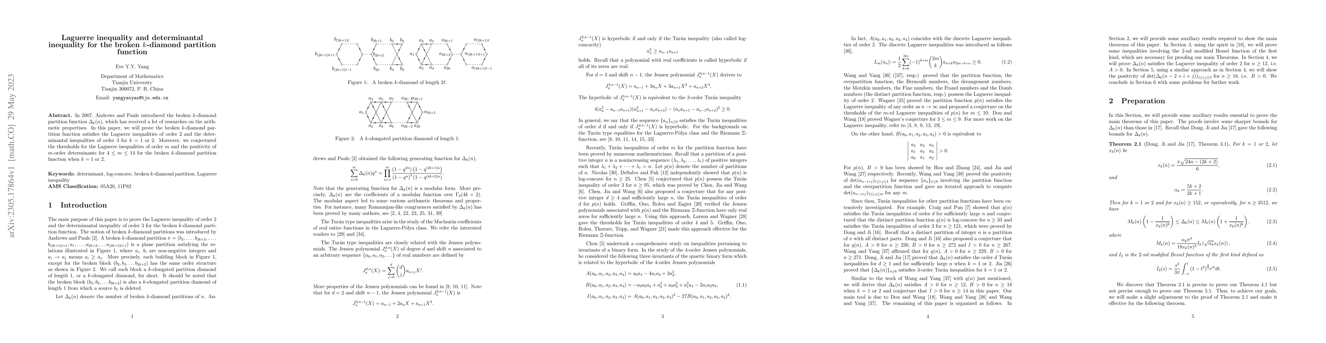 Thumbnail for Laguerre inequality and determinantal inequality for the broken
  $k$-diamond partition function