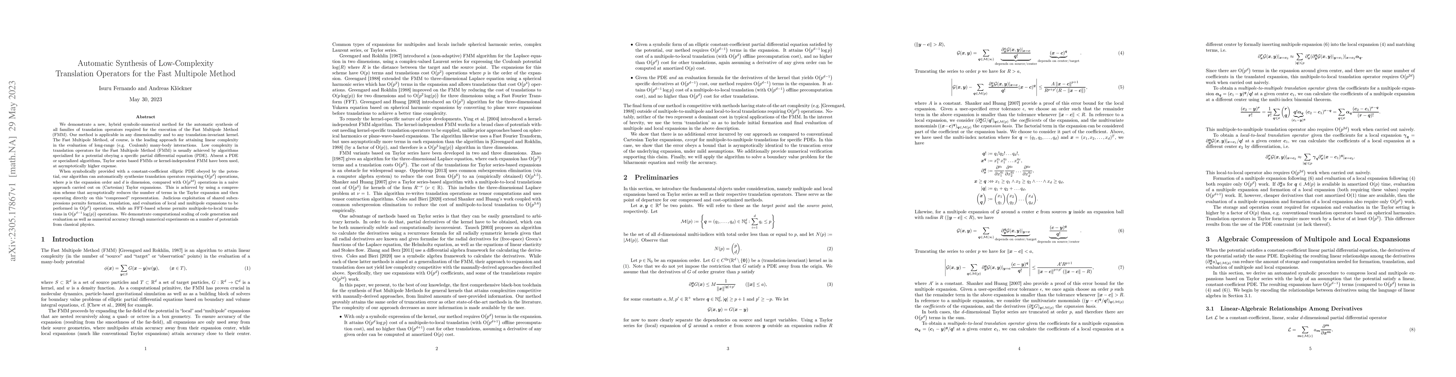 Thumbnail for Automatic Synthesis of Low-Complexity Translation Operators for the Fast
  Multipole Method