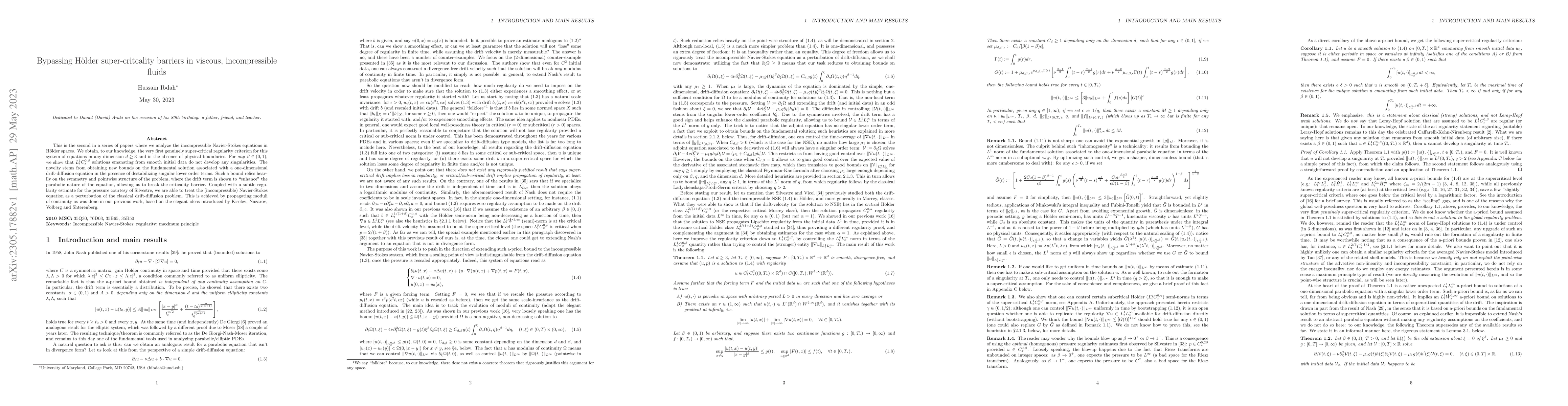 Thumbnail for Bypassing H\"older super-critcality barriers in viscous, incompressible
  fluids