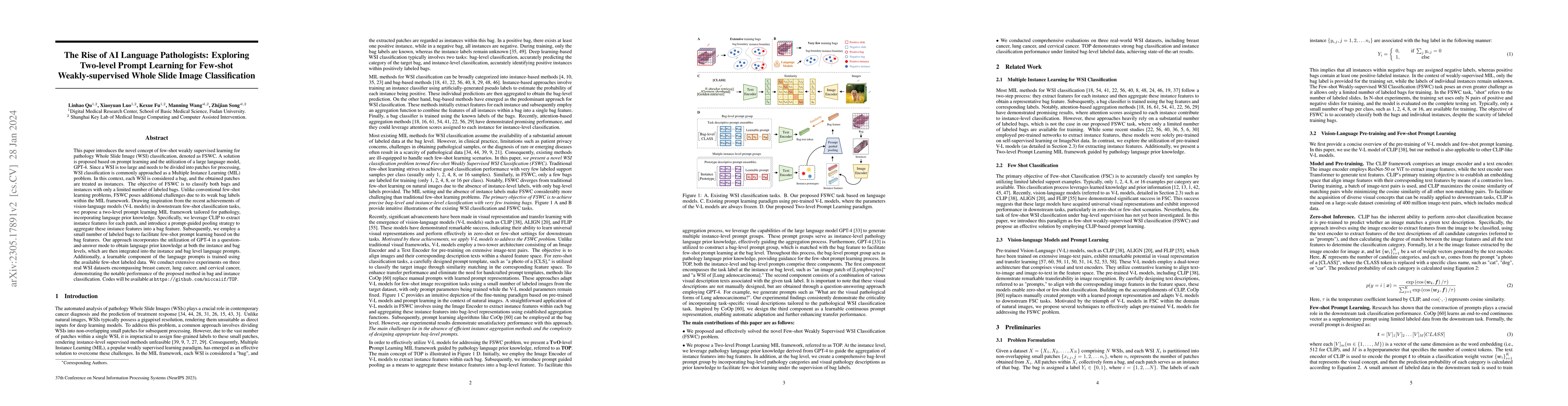 Thumbnail for The Rise of AI Language Pathologists: Exploring Two-level Prompt
  Learning for Few-shot Weakly-supervised Whole Slide Image Classification
