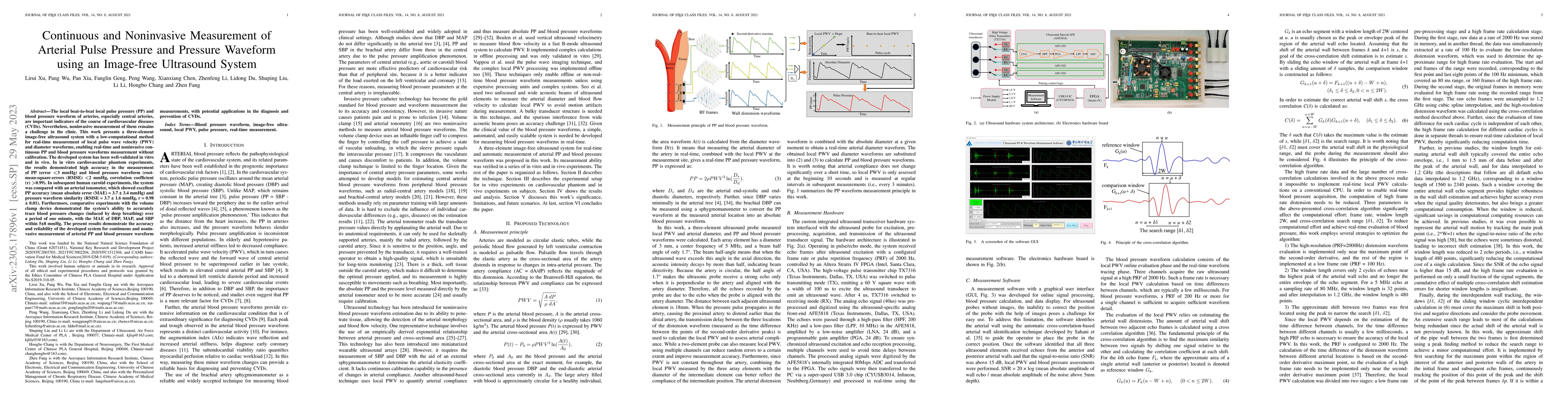 Thumbnail for Continuous and Noninvasive Measurement of Arterial Pulse Pressure and
  Pressure Waveform using an Image-free Ultrasound System