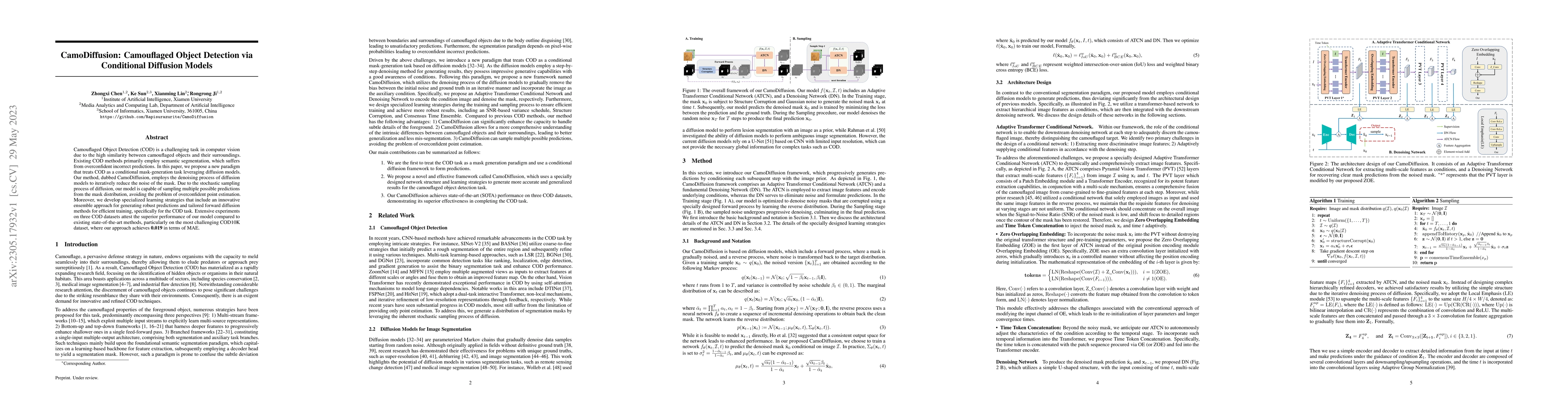 Thumbnail for CamoDiffusion: Camouflaged Object Detection via Conditional Diffusion
  Models