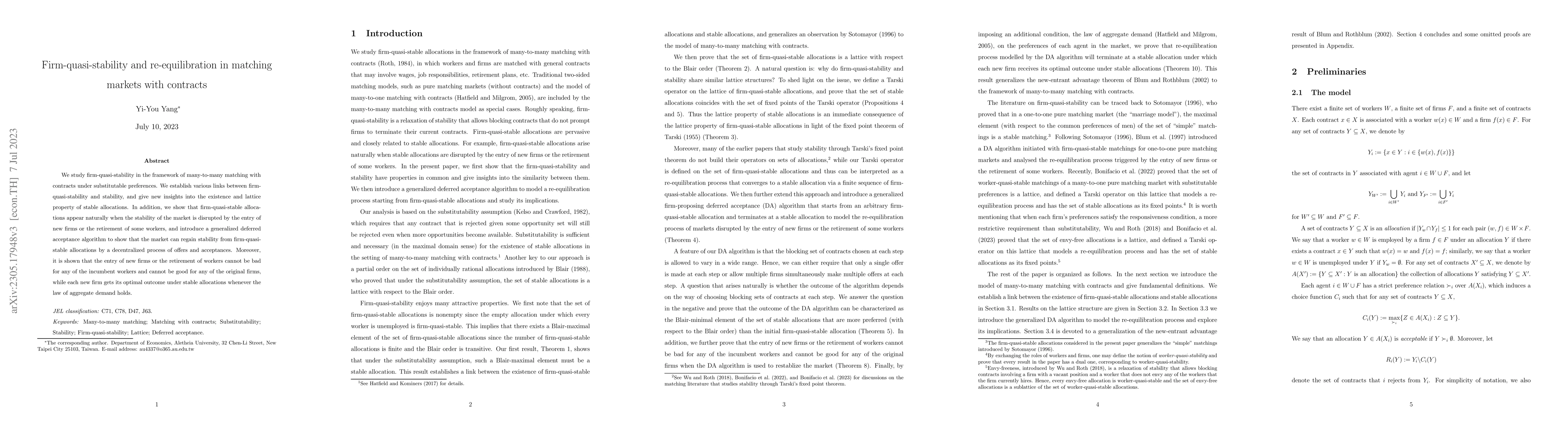 Thumbnail for Firm-quasi-stability and re-equilibration in matching markets with
  contracts