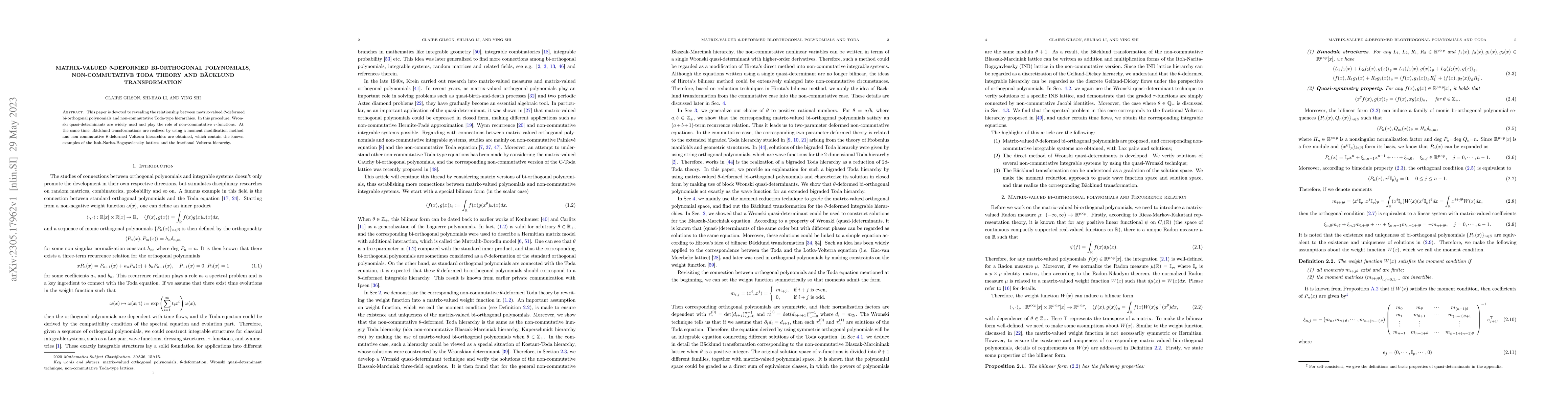 Thumbnail for Matrix-valued $\theta$-deformed bi-orthogonal polynomials,
  Non-commutative Toda theory and B\"acklund transformation