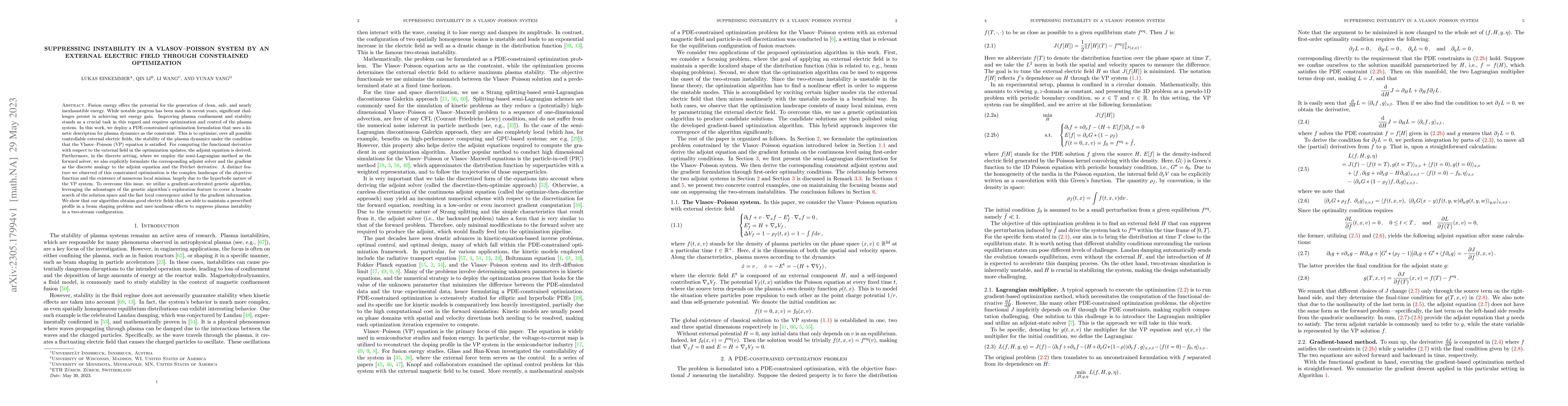 Thumbnail for Suppressing Instability in a Vlasov-Poisson System by an External
  Electric Field Through Constrained Optimization