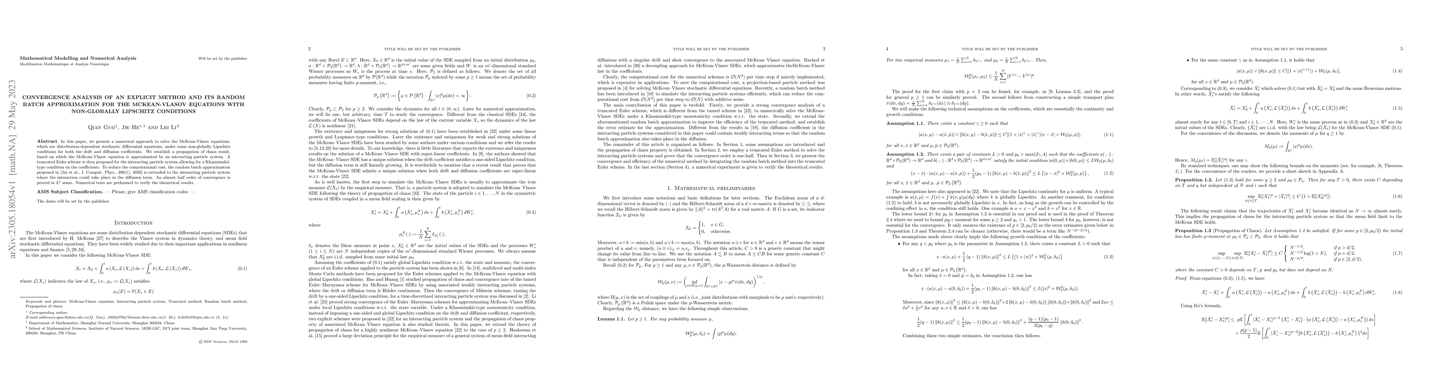 Thumbnail for Convergence analysis of an explicit method and its random batch
  approximation for the McKean-Vlasov equations with non-globally Lipschitz
  conditions