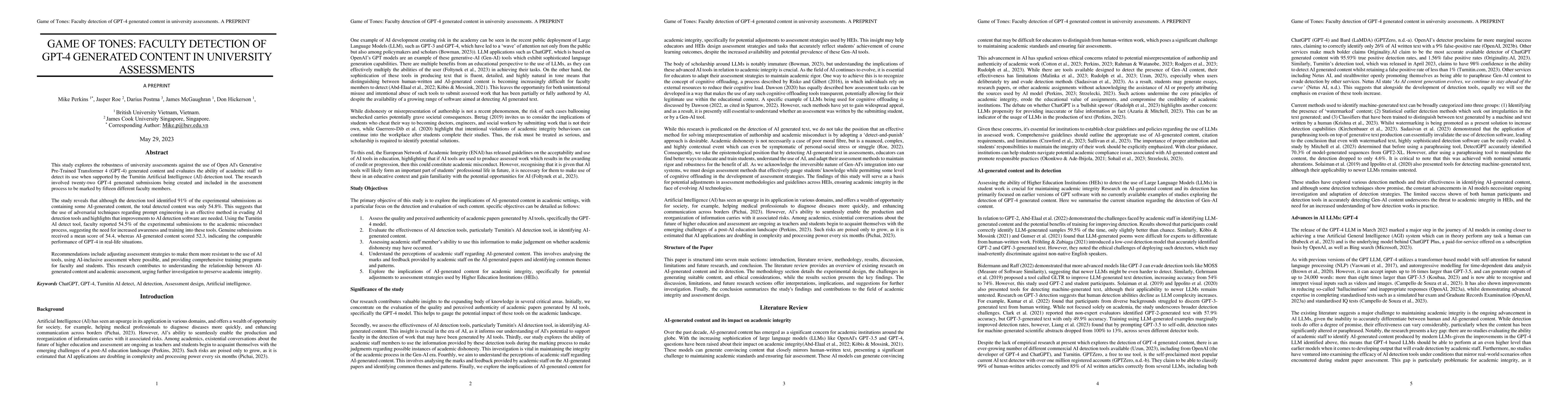 Thumbnail for Game of Tones: Faculty detection of GPT-4 generated content in
  university assessments