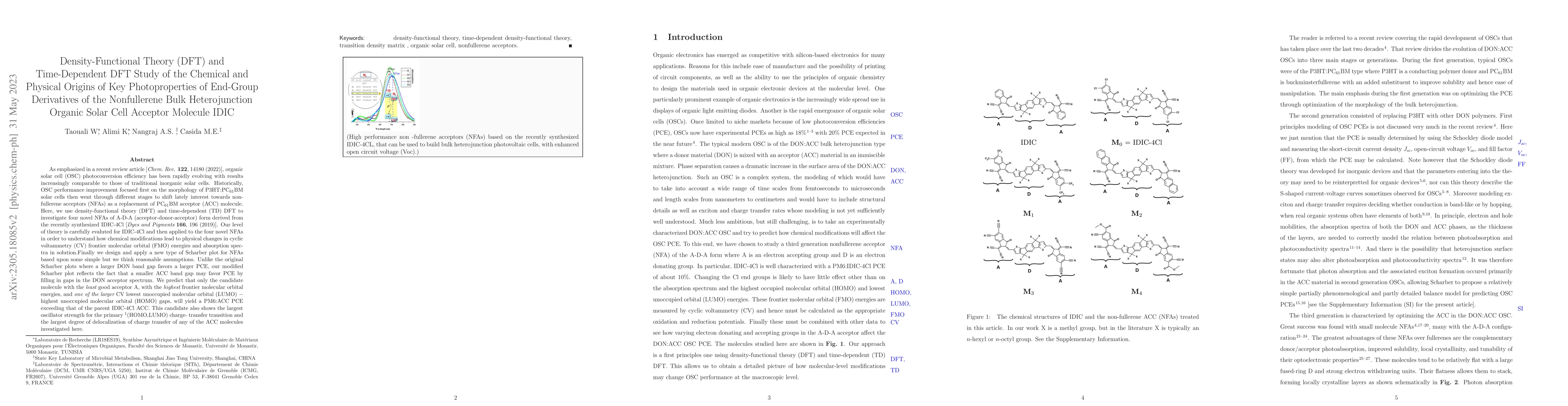 Thumbnail for Density-Functional Theory (DFT) and Time-Dependent DFT Study of the
  Chemical and Physical Origins of Key Photoproperties of End-Group Derivatives
  of the Nonfullerene Bulk Heterojunction Organic Solar Cell Acceptor Molecule
  IDIC