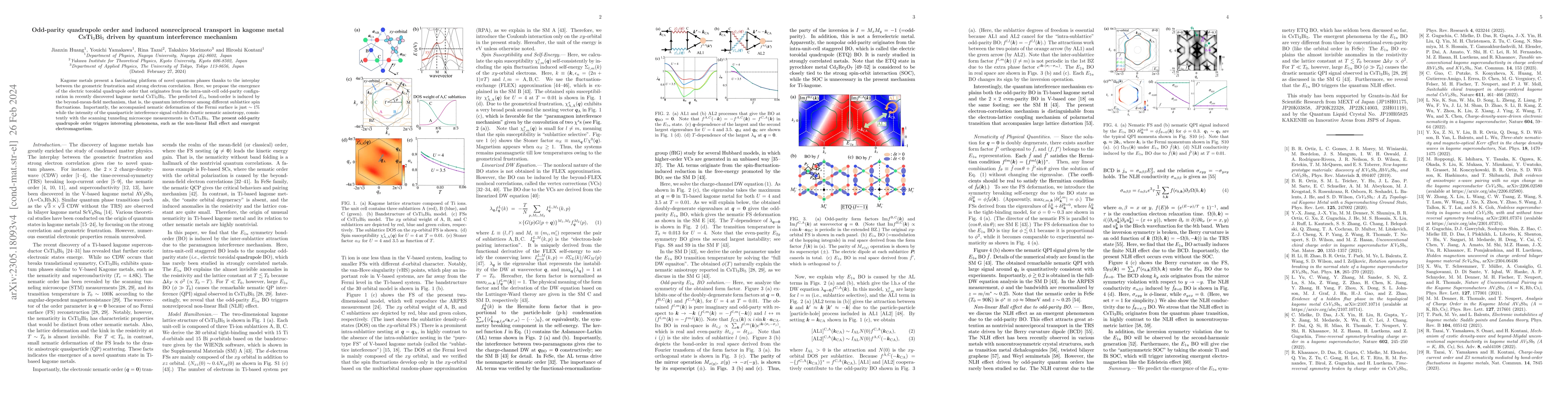 Thumbnail for Odd-parity quadrupole order and induced nonreciprocal transport in
  kagome metal CsTi3Bi5 driven by quantum interference mechanism